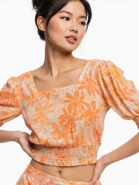 Roxy Orange Floral Square-Neck Puff Sleeve Crop Top